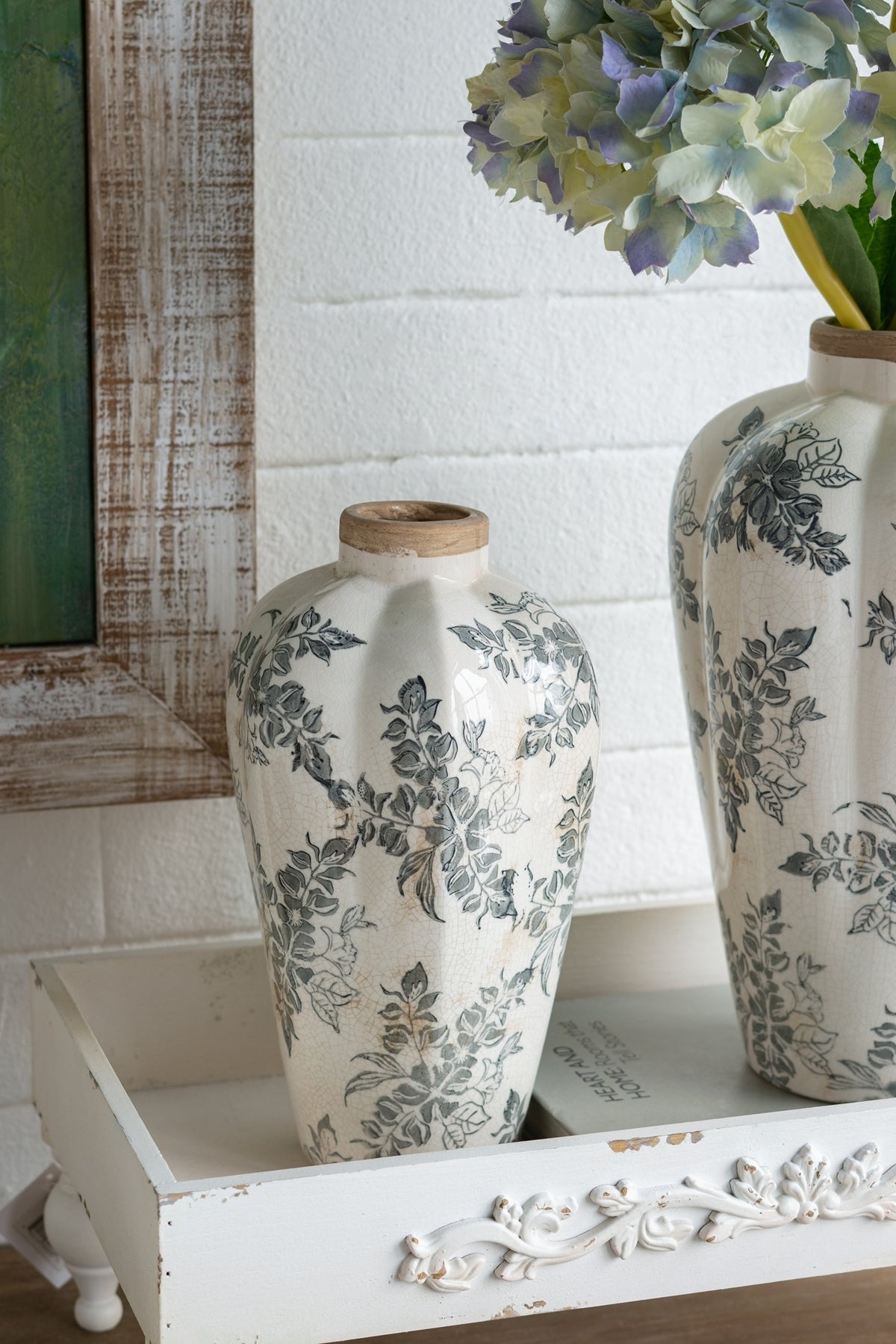 6.7x6.7x11.6' White Ceramic Accent Vase with Gray Floral Design