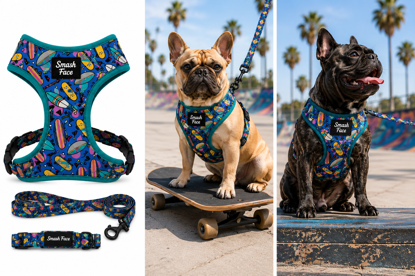 Totally Radical Reversible Dog Harness, Collar & Leash Set | Retro Gamer & Surf Skate Print | French Bulldog Harness
