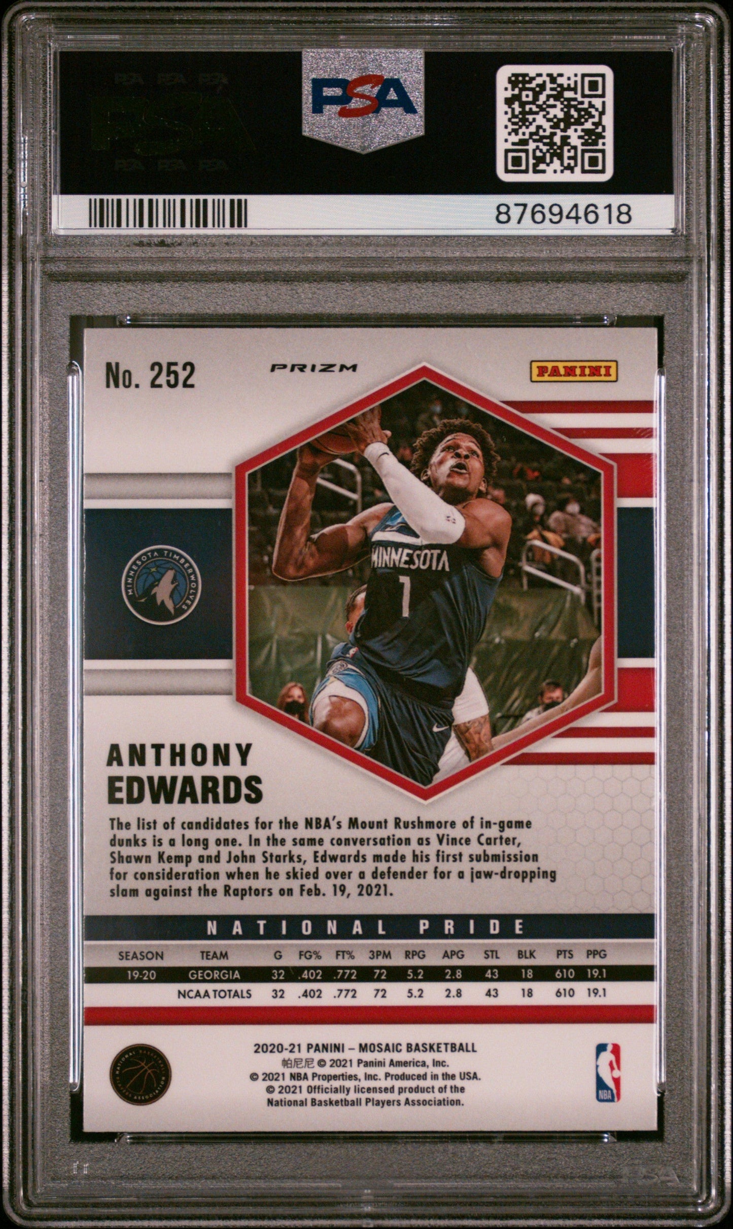 Graded 2020 Panini Mosaic Anthony Edwards #252 Camo Pink Rookie RC Basketball Card PSA 10 Gem Mint