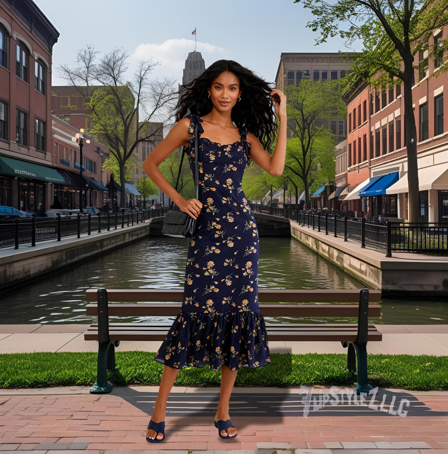 NEW  SPRING PRETTY DARK BLUE Floral PRINT SHOULDER STRAP Slim Dress FOR WOMEN