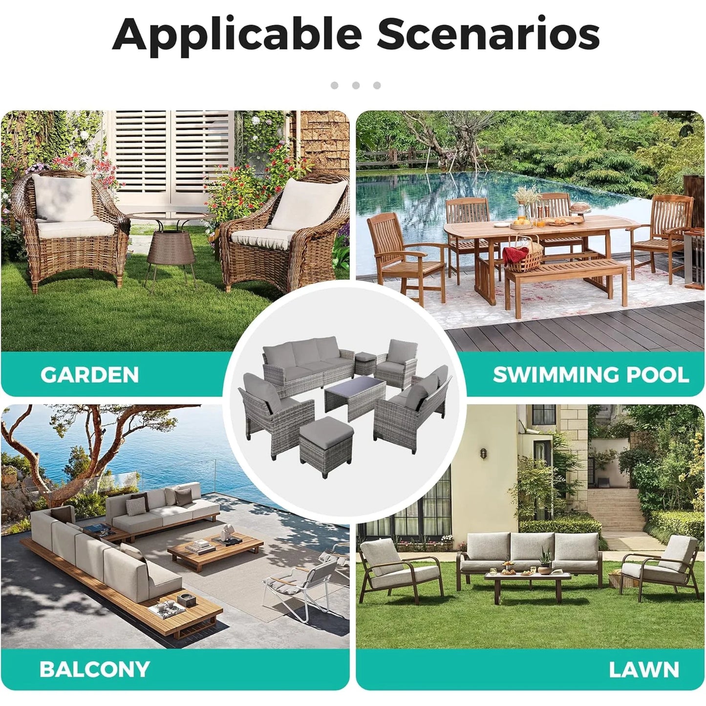 Ainfox 7-Piece Outdoor Wicker Patio Furniture Set,Sectional Conversation Set with 3-Seat Sofa, Loveseat, Coffee Table, Chairs & Ottomans, Gray, Space-Saving Design for Backyard, Porch, Poolside