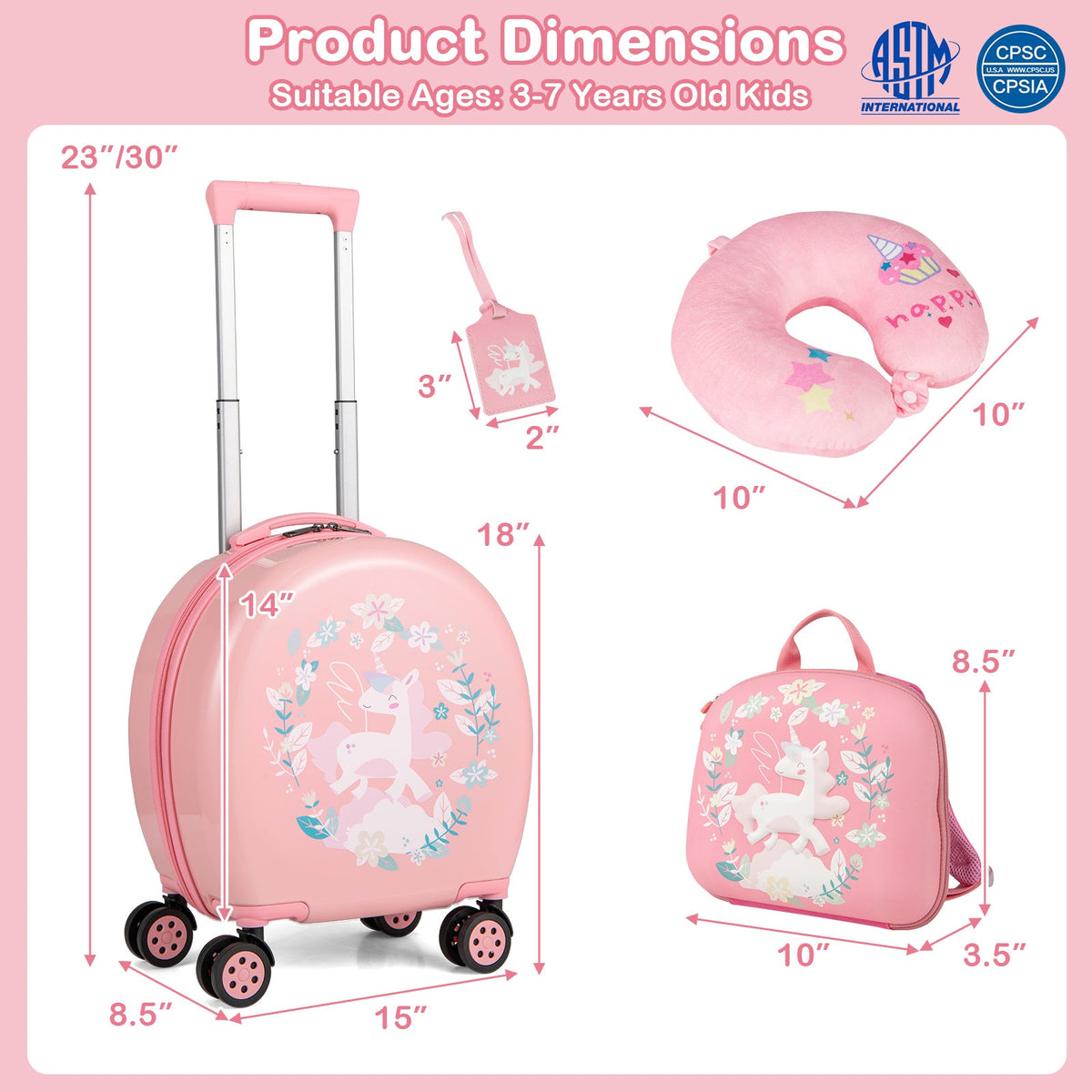 Kids Luggage Set with 14 Inches Carry-on Hardside Spinner Toddler Luggage and 10 Inches Backpack-Pink