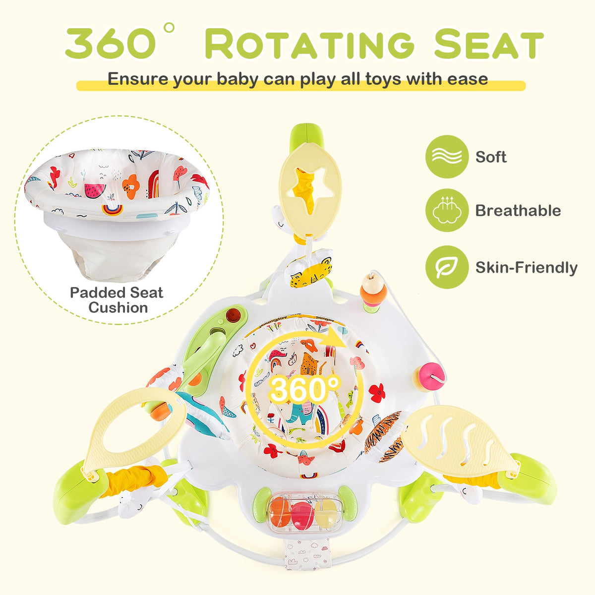 Baby Activity Center Height Adjustable Baby Bouncing Saucer with Interactive Toys-Yellow