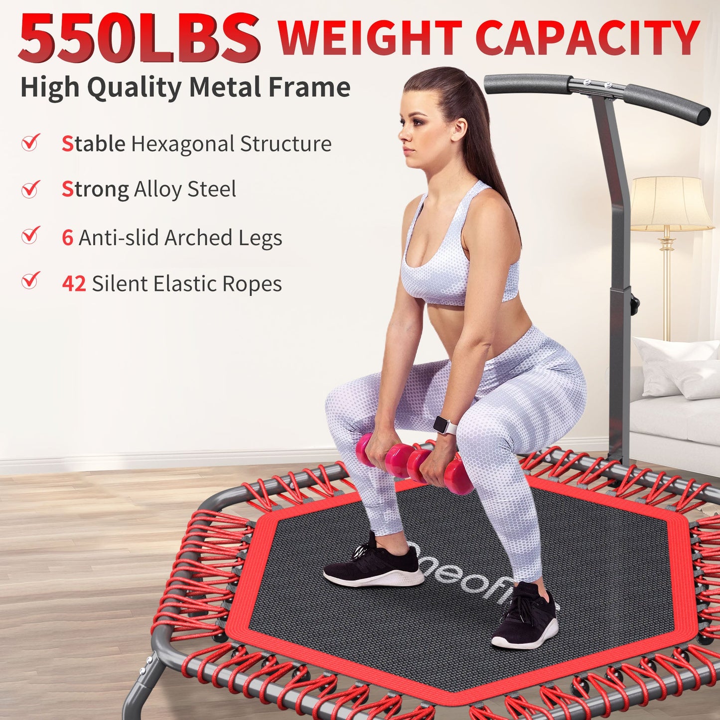 Oneofics 48”Trampoline, Foldable Fitness trampoline for Adults and Kids, Exercise Workout Rebounder Trampoline with Adjustable Handle, Max Load 550lbs