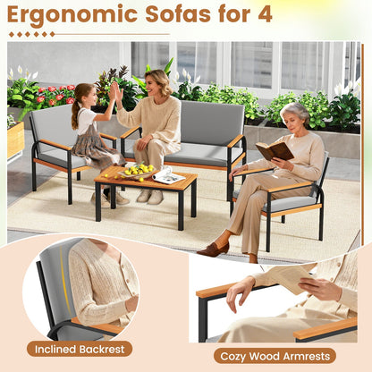4 Piece Patio Furniture Set with Coffee Table and Loveseat with Removable Cushions-Gray