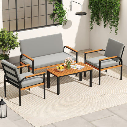 4 Piece Patio Furniture Set with Coffee Table and Loveseat with Removable Cushions-Gray