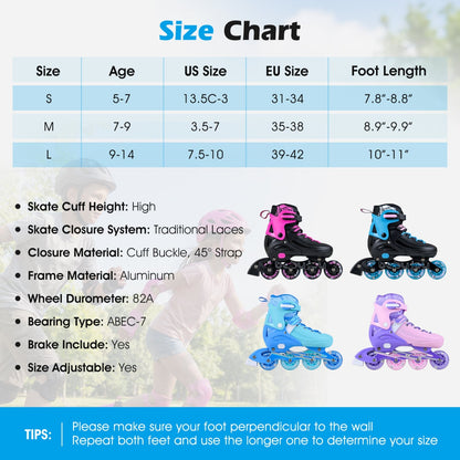 4-Size Adjustable Light-Up Kids Inline Skates for Kids Ages 7-9