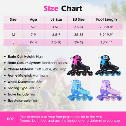 4-Size Adjustable Light-Up Kids Inline Skates for Kids Ages 7-9