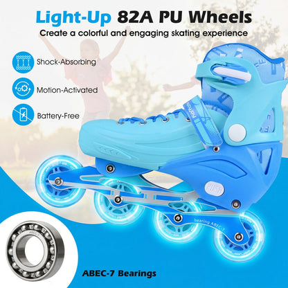 4-Size Adjustable Light-Up Kids Inline Skates for Kids Ages 7-9