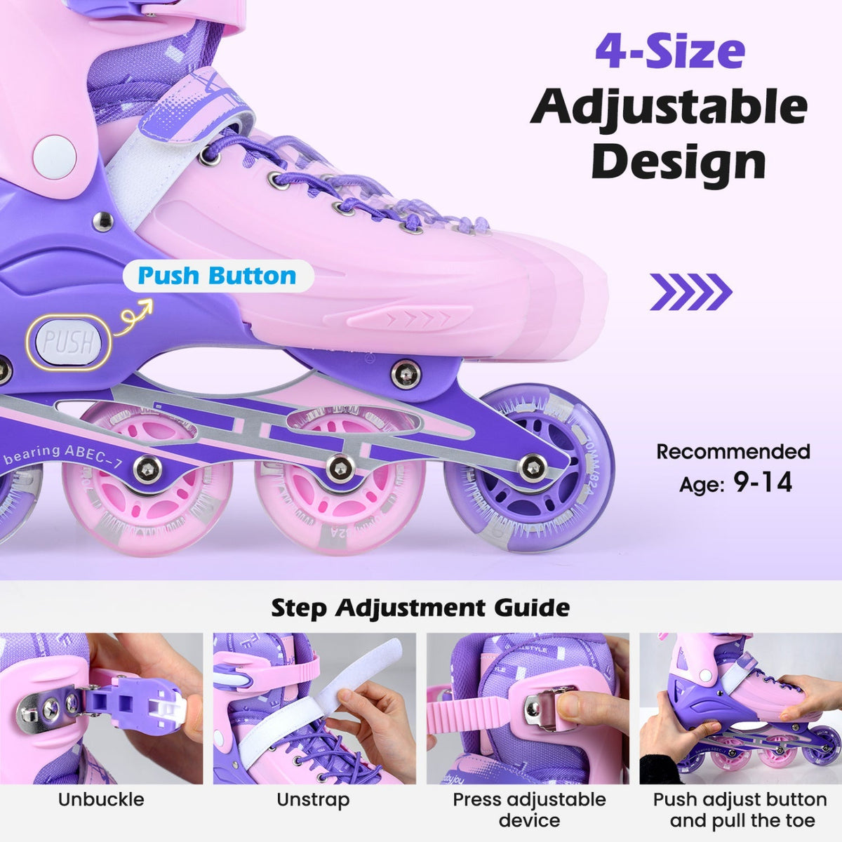 4-Size Adjustable Light-Up Kids Inline Skates for Kids Ages 9-14