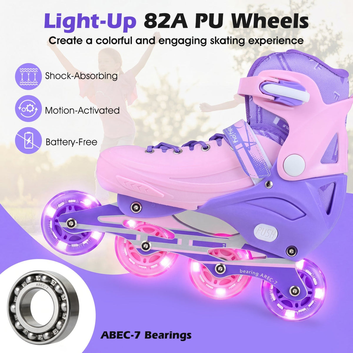 4-Size Adjustable Light-Up Kids Inline Skates for Kids Ages 9-14