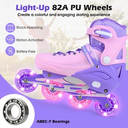 4-Size Adjustable Light-Up Kids Inline Skates for Kids Ages 9-14