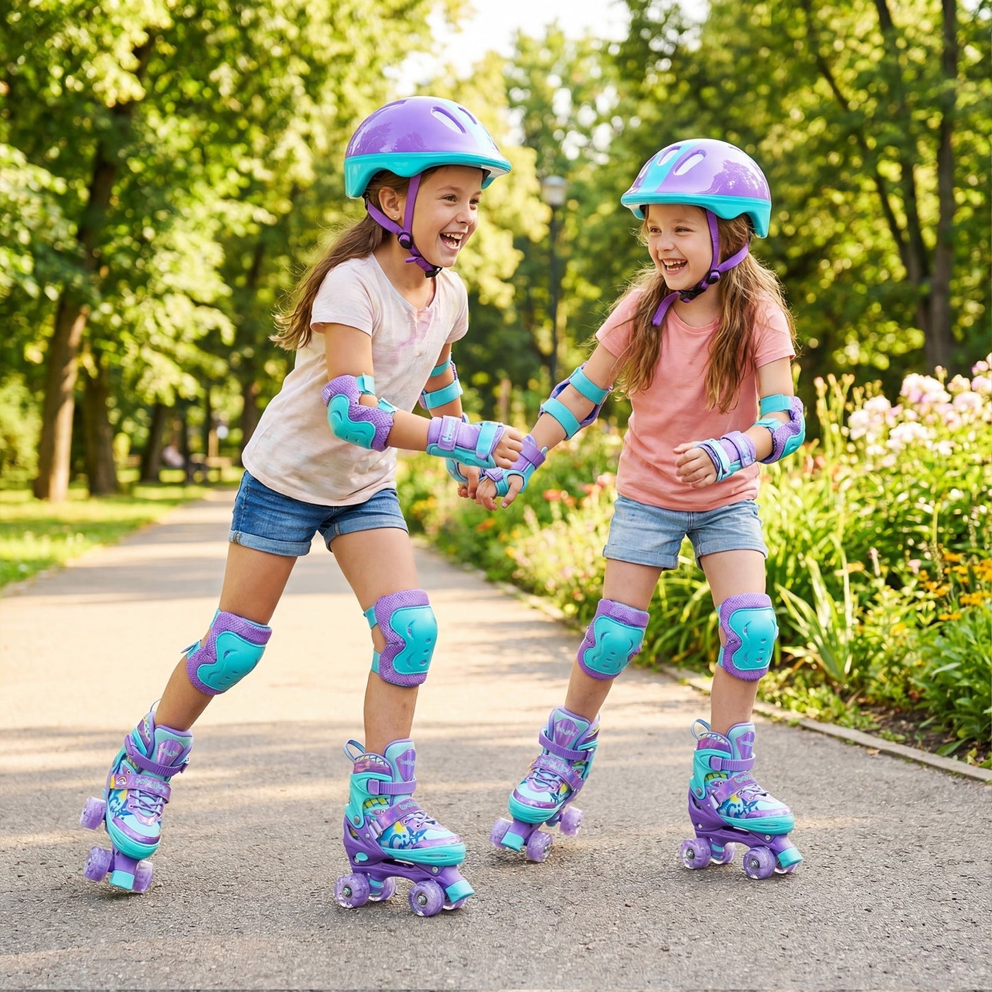 4 Sizes Adjustable Kids Roller Skates with Light-up Wheels and Safety Protection M Size-Purple