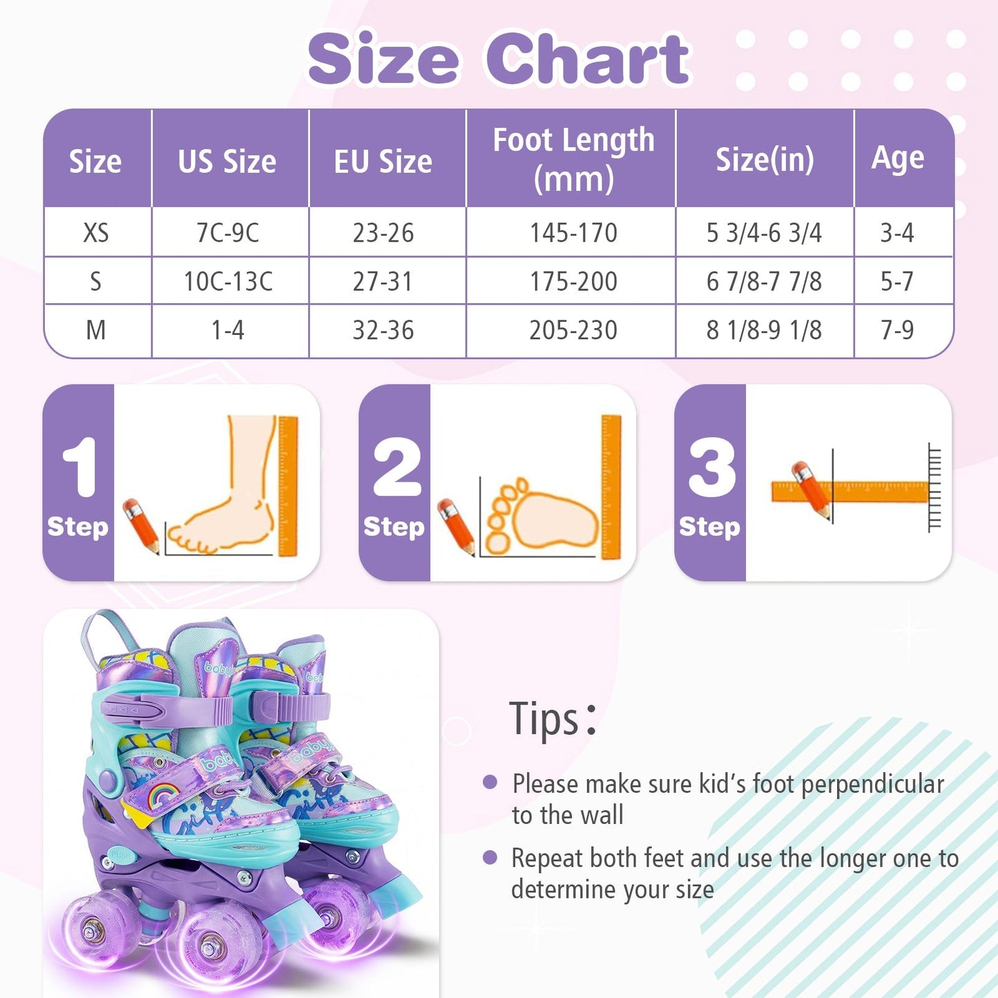 4 Sizes Adjustable Kids Roller Skates with Light-up Wheels and Safety Protection-Purple