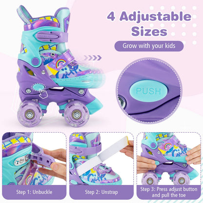 4 Sizes Adjustable Kids Roller Skates with Light-up Wheels and Safety Protection-Purple