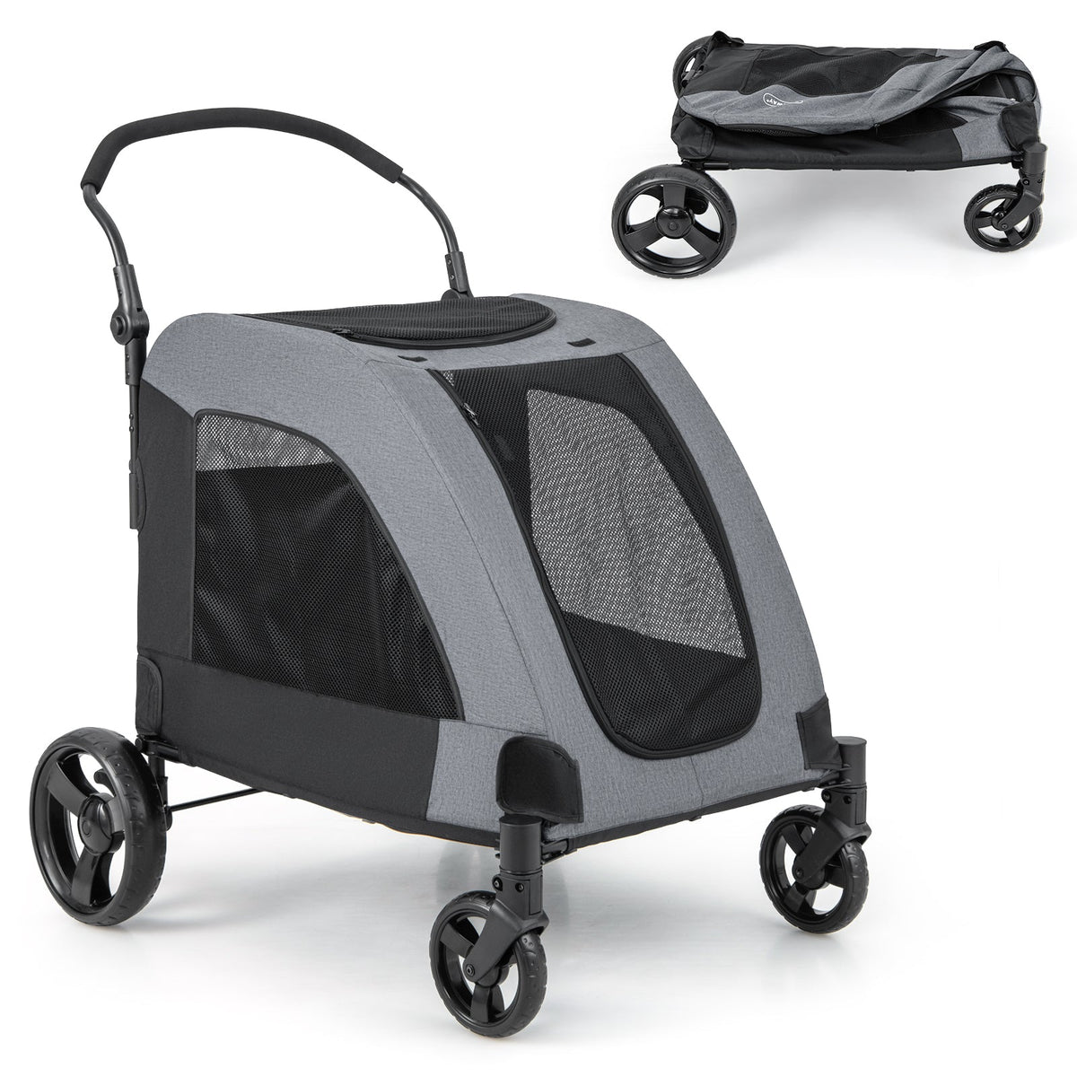 4 Wheels Extra Large Dog Stroller Foldable Pet Stroller with Dual Entry-Gray