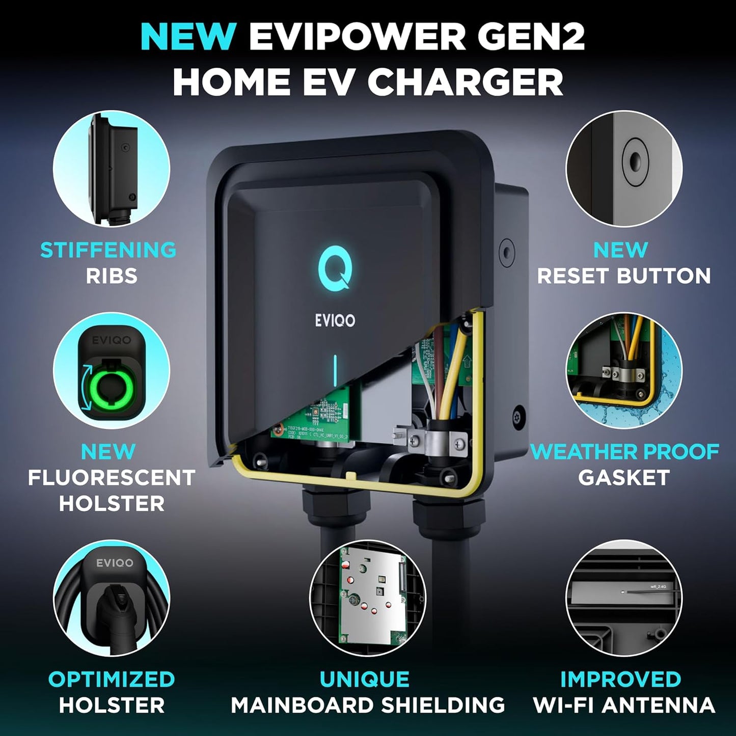 EVIQO Level 2 EV Charger, 40A (9.6kW), 240V, NEMA 14-50 Plug-in, J1772 for Non-Tesla EVs