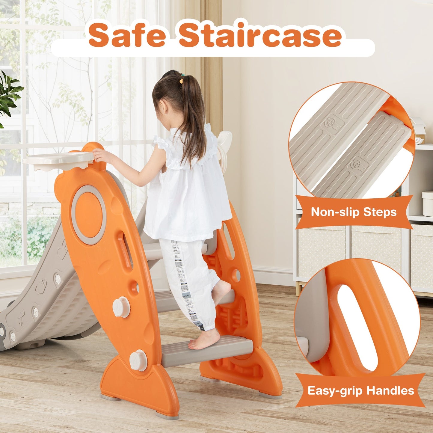 4 in 1 Indoor Slide for Kids Age 3+ Years with Basketball Hoop and Rings-Orange