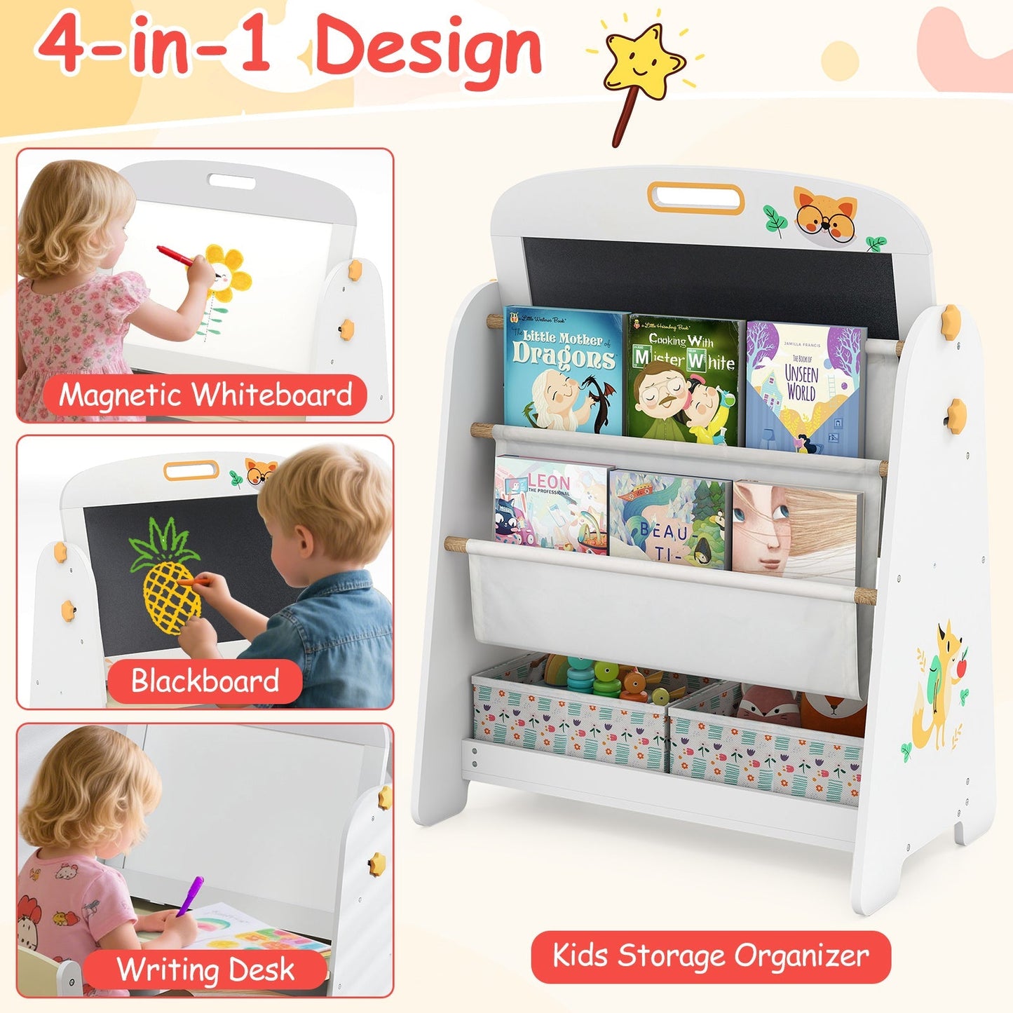 4-in-1 Kids Table and Chair Set Art Easel with Magnetic Whiteboard and Bookshelf-Natural
