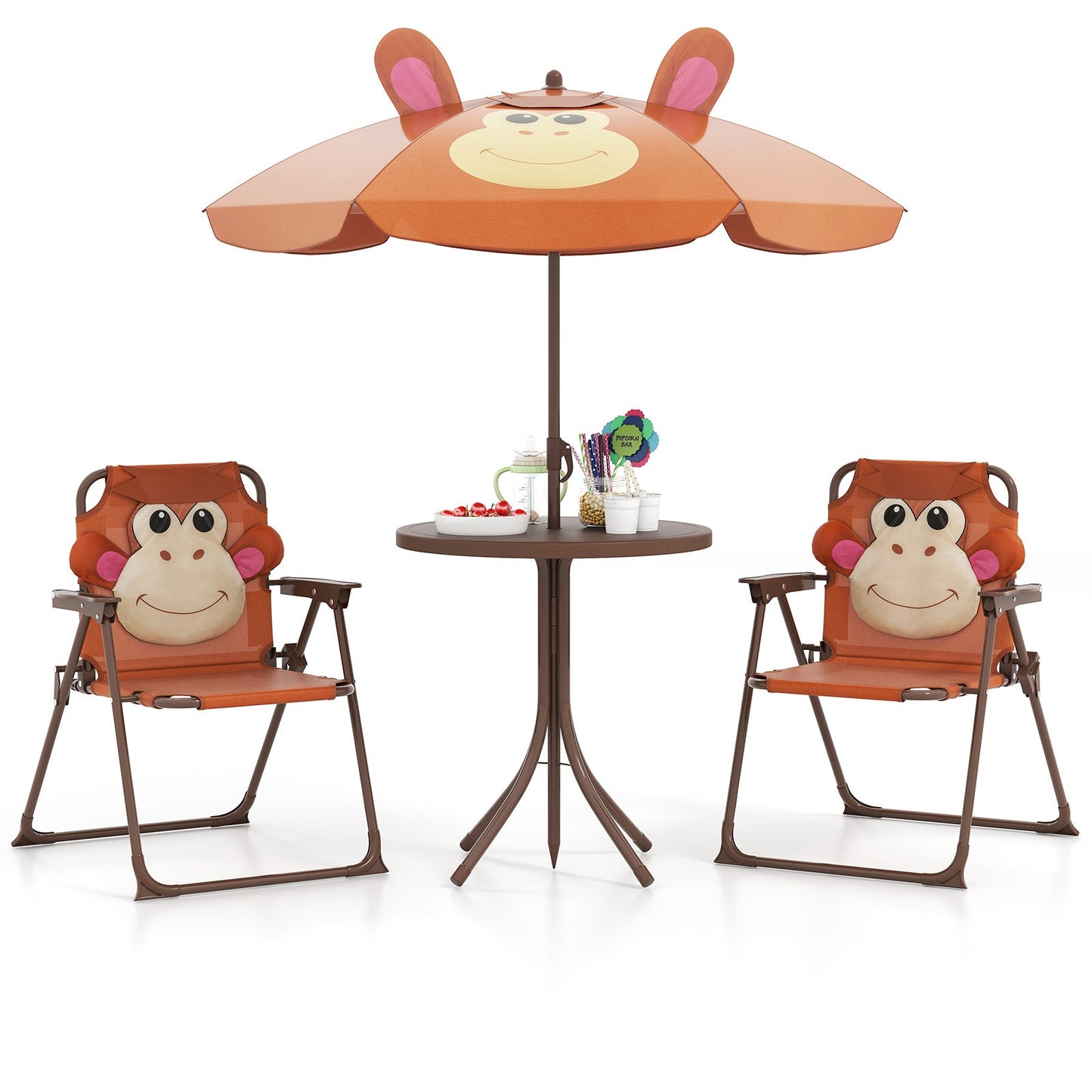 4 Pieces Kids Picnic Set with 2 Folding Chairs and Height Adjustable Umbrella-Brown