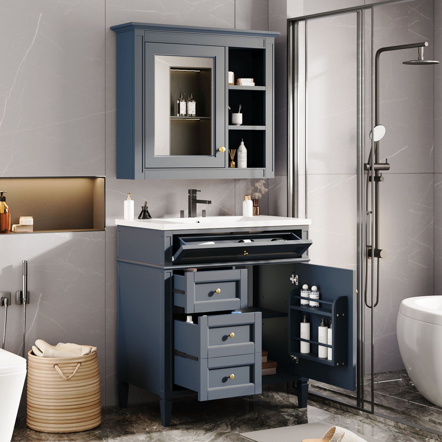 Bathroom Vanity With Medicine Cabinet, Royal Mirror Cabinet, Modern Bathroom Storage Cabinet With 2 Soft Closing Doors And 4 Drawers