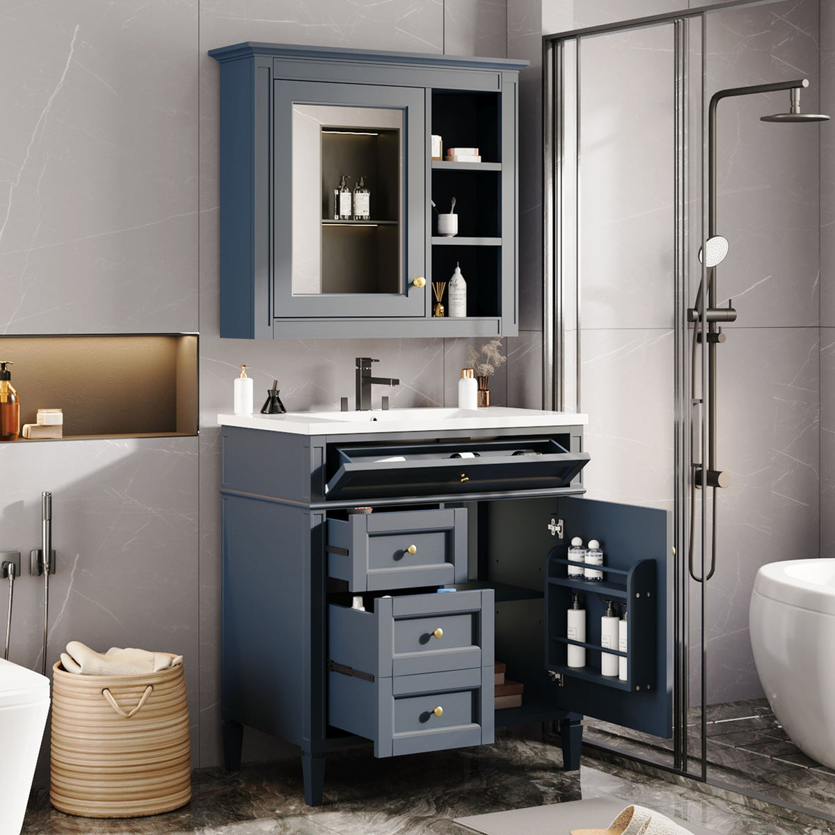 Bathroom Vanity With Medicine Cabinet, Royal Mirror Cabinet, Modern Bathroom Storage Cabinet With 2 Soft Closing Doors And 4 Drawers