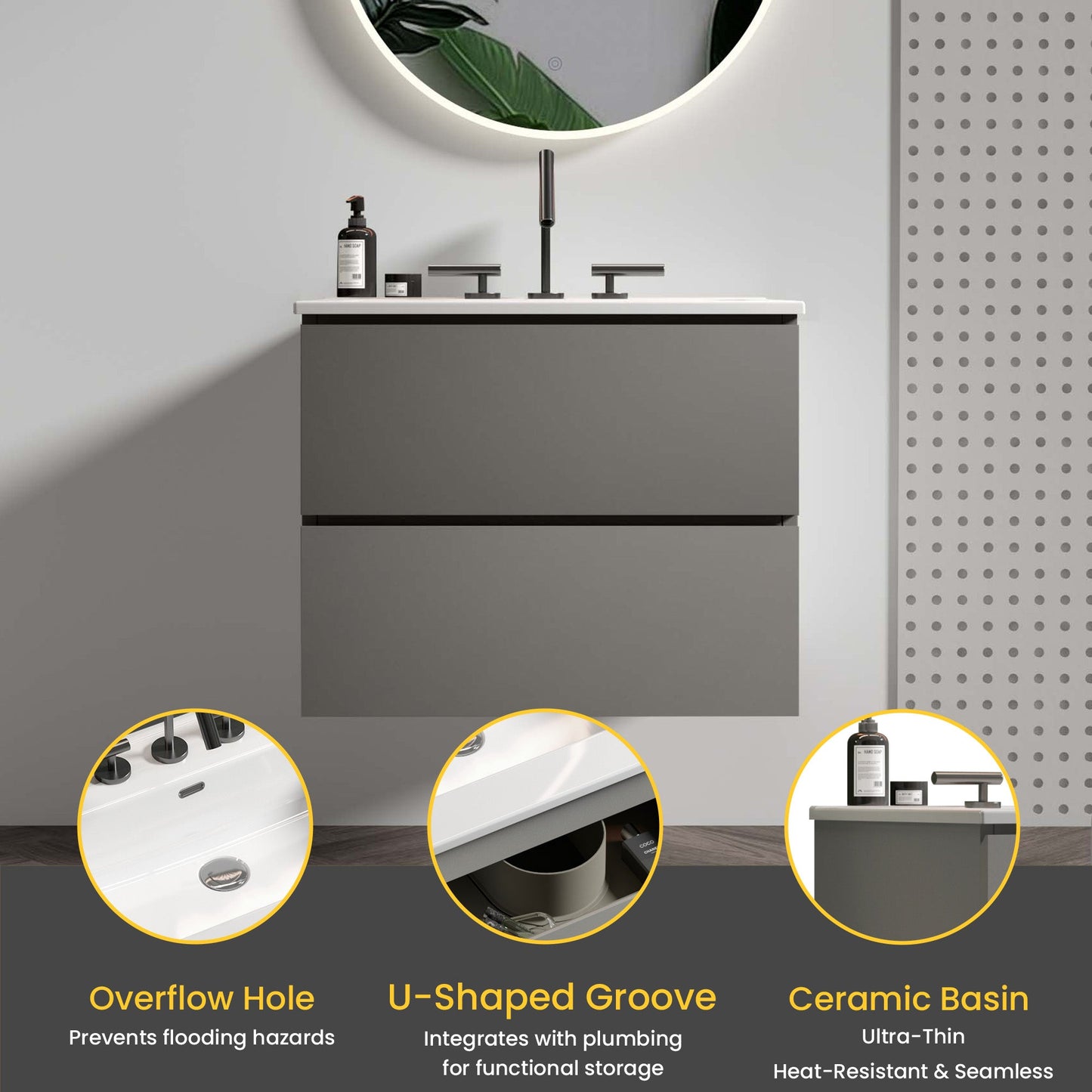 TIA 24" Wall Mount Space Grey Bathroom Vanity