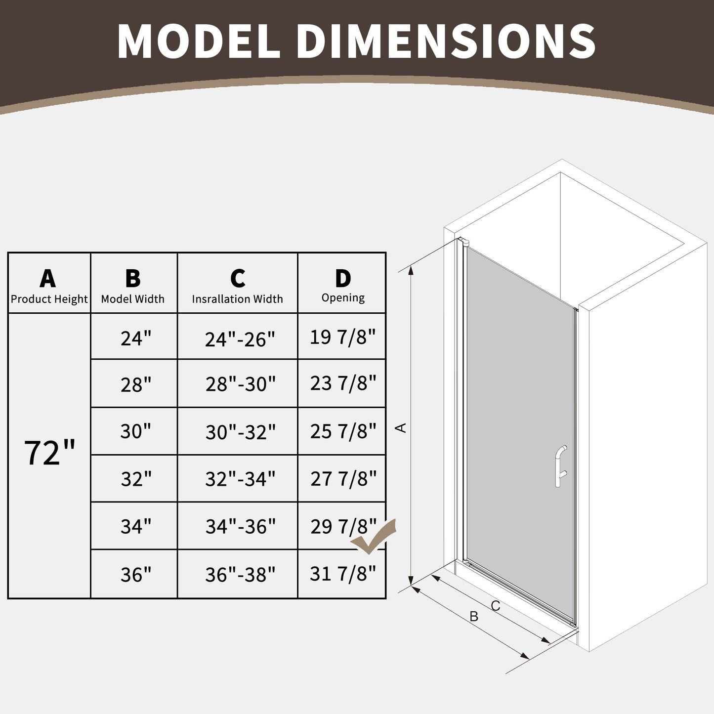 34 In. to 36 In. x 72 In. Semi-Frameless Pivot Shower Door