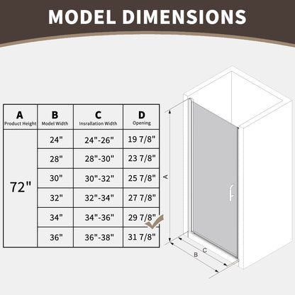 34 In. to 36 In. x 72 In. Semi-Frameless Pivot Shower Door