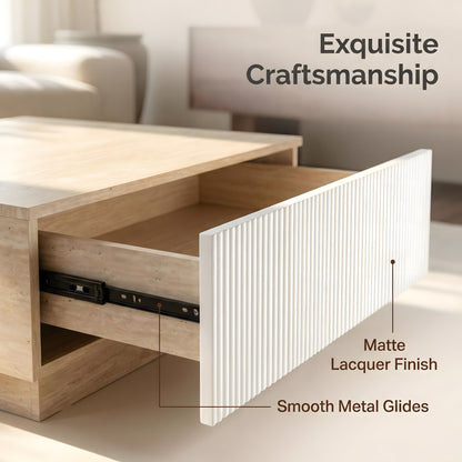 Modern Faux Travertine Coffee Table with 2 Drawers