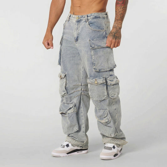 Mens Retro-style Loose-fit Washed Straight-leg Denim Jeans With Multiple Pockets