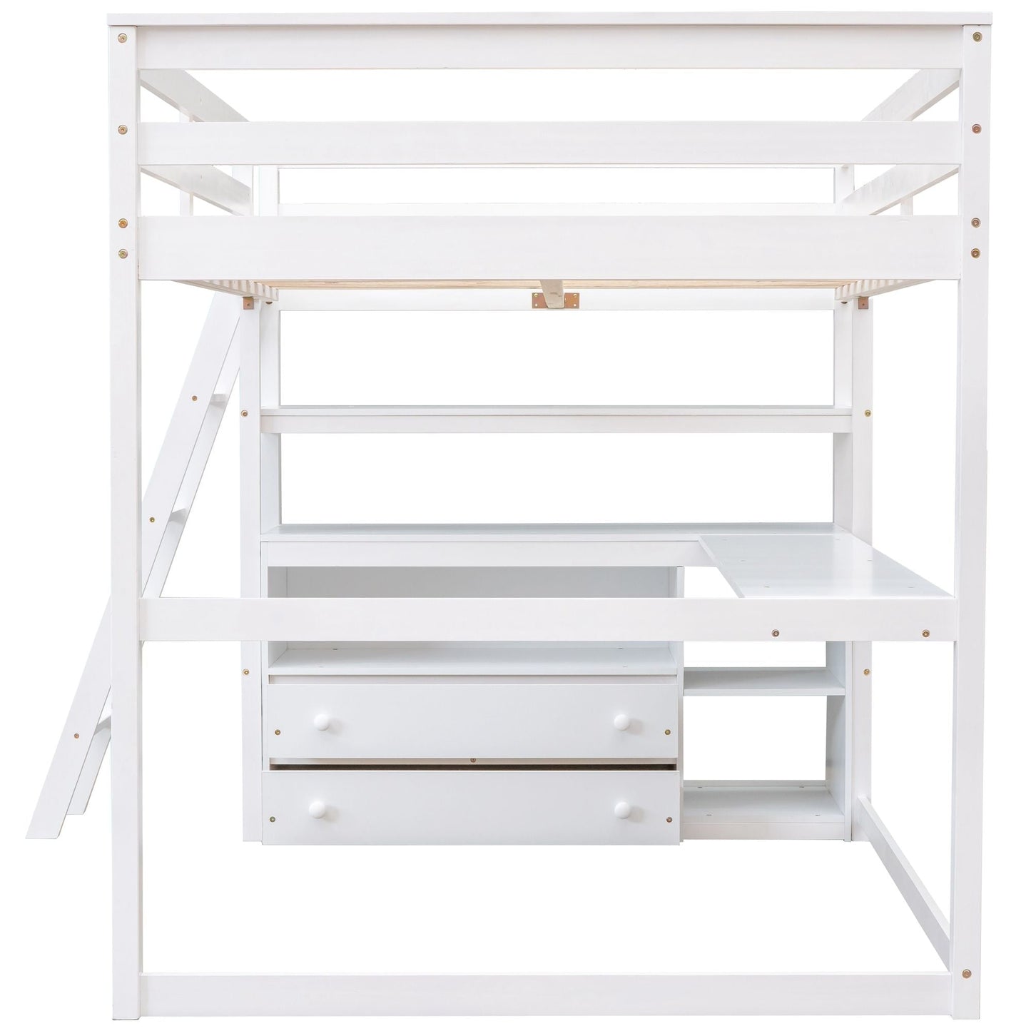 Modern Loft Bed With Built In Desk, Shelves, And 2 Drawers
