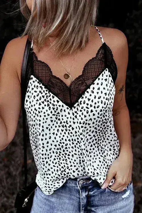 Spaghetti Strap Printed Lace Tank Top