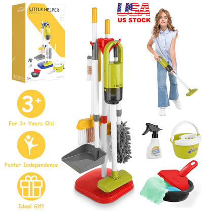 14Pcs Kids Cleaning Toy Set Toddler Housekeeping Pretend Play Kit with Vacuum Cleaner Broom Mop Organization Stand for Boys Girls Aged 3 4 5