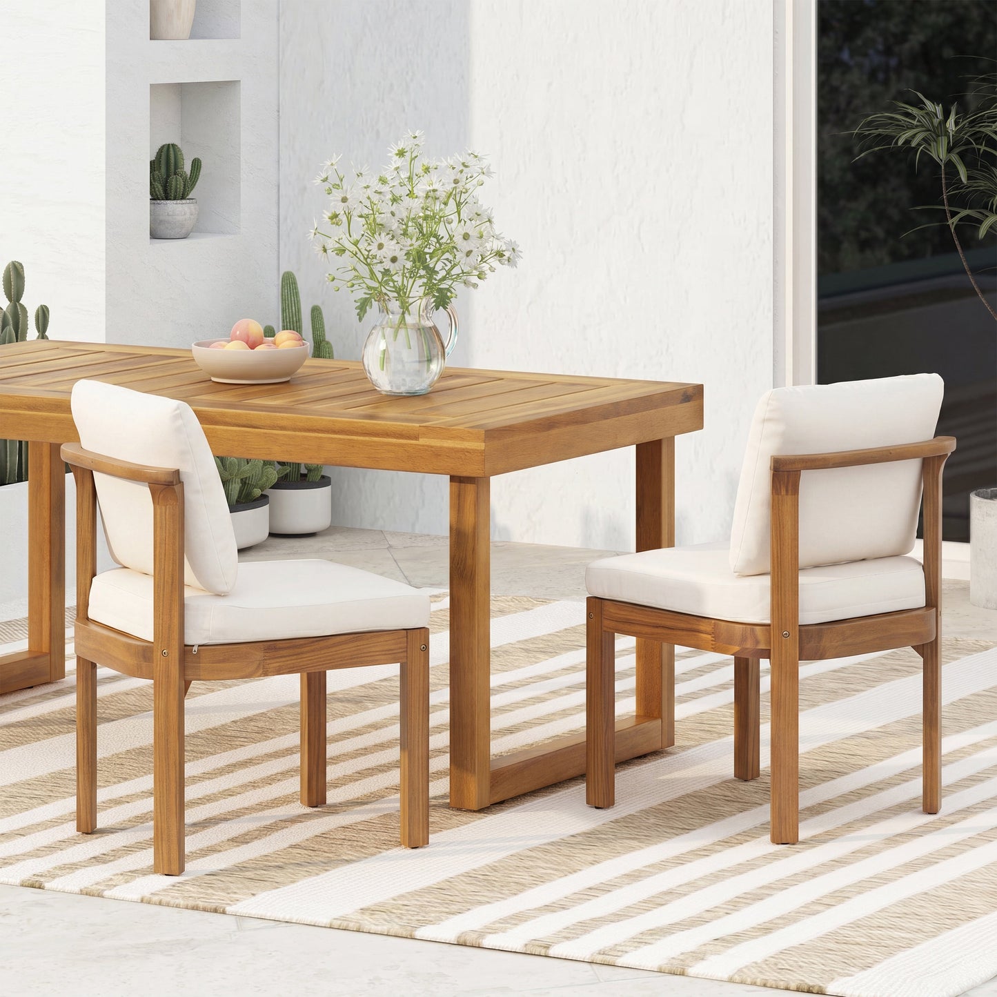 Acacia Wood Outdoor Dining Chair (Set of 2), Teak Finish Wood +
