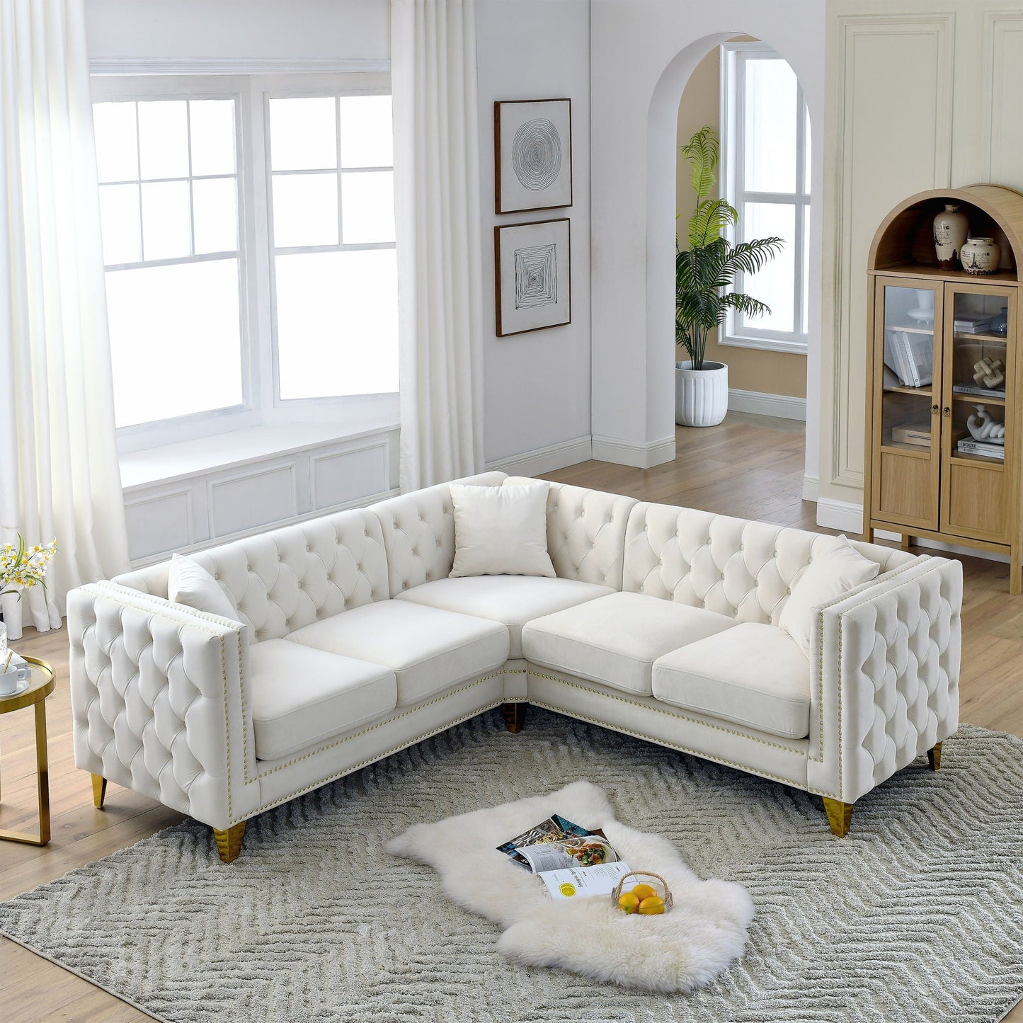 L-Shaped Corner Sofa, 5 Seater Sectional With Tufted Design