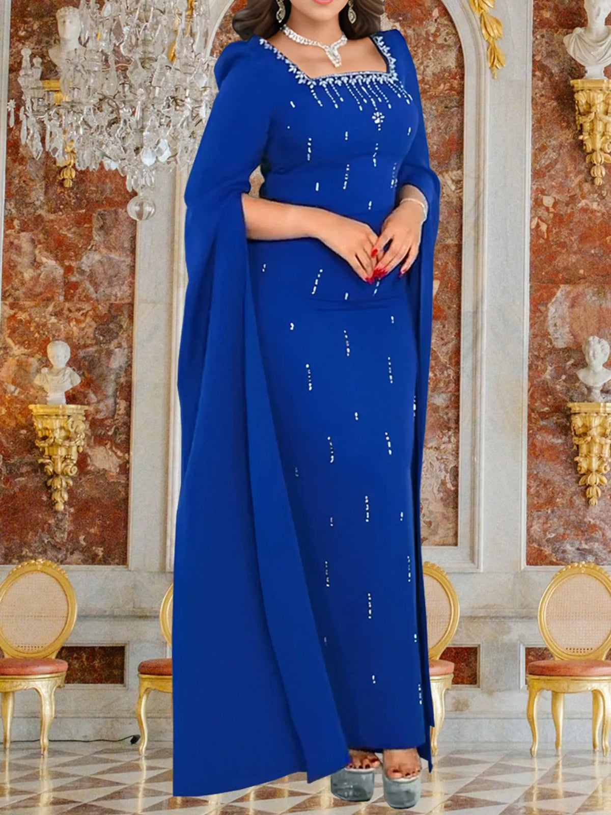 Rhinestone Square Neck Slit Sleeve Maxi Dress