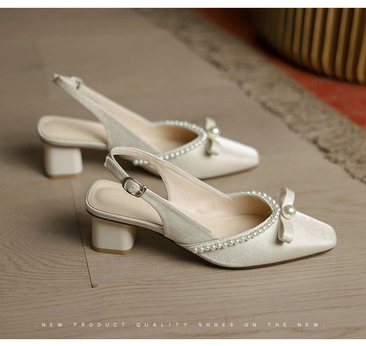 Women Block Heel Closed Toe Sandals, 2026 Summer New Fashion Square Toe Back Strap Pearl Fairy Style High Heel Pumps
