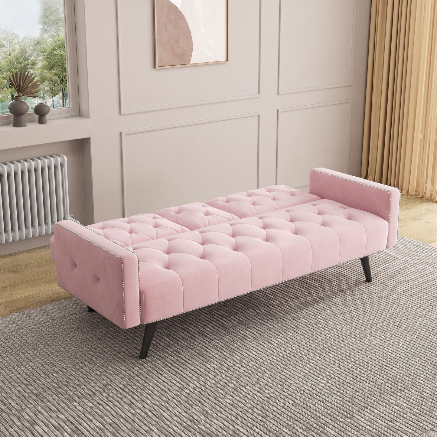 Sofa Bed With Nail Head Trim And Cup Holders - Pink