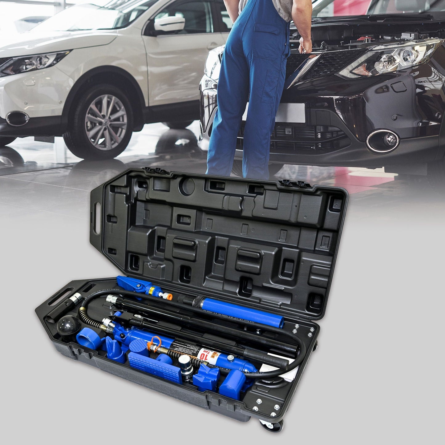 10 Ton Portable Hydraulic Equipment Kit For Metal Work - Black / Blue