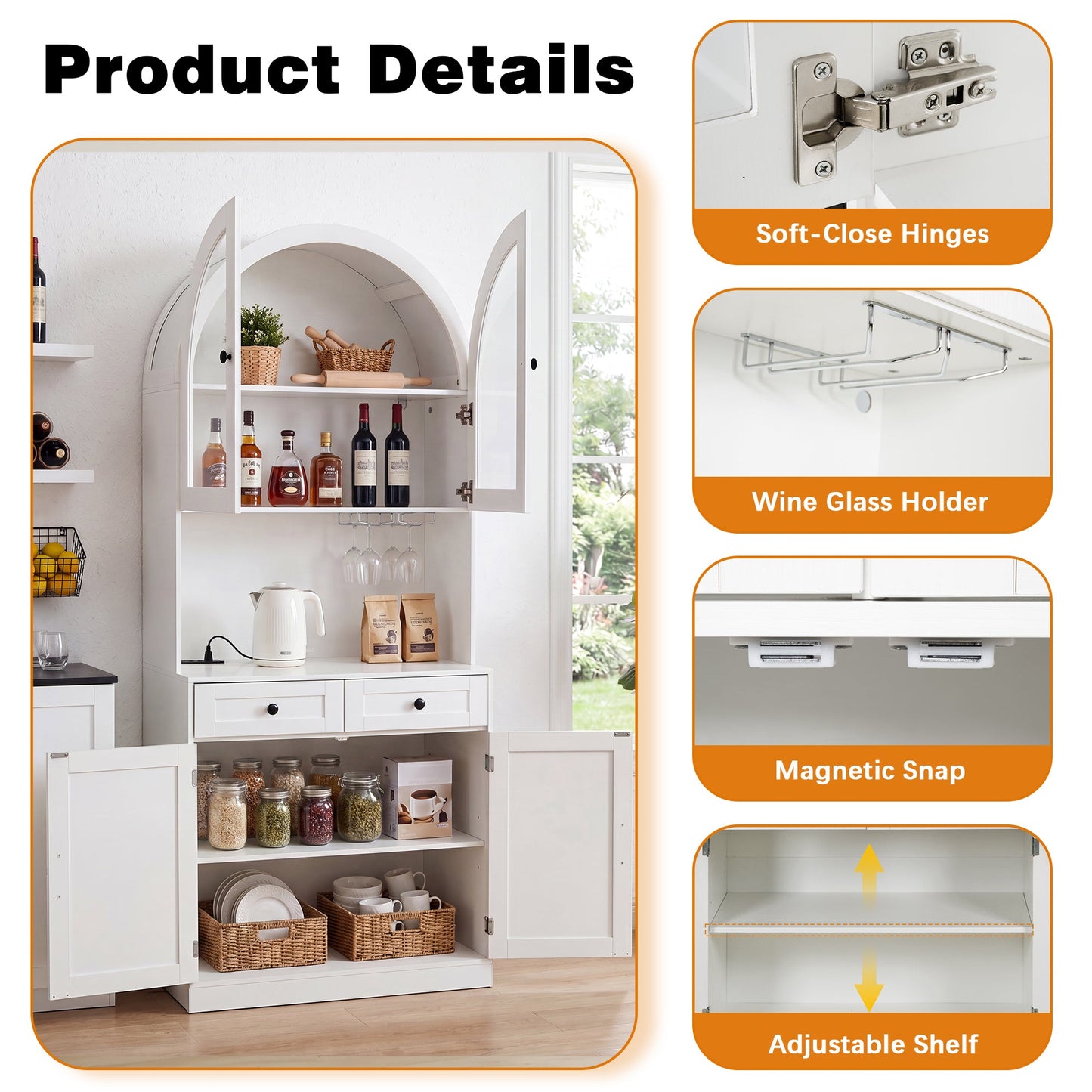 75" Farmhouse Tall Arched Pantry Cabinet with Charging Station