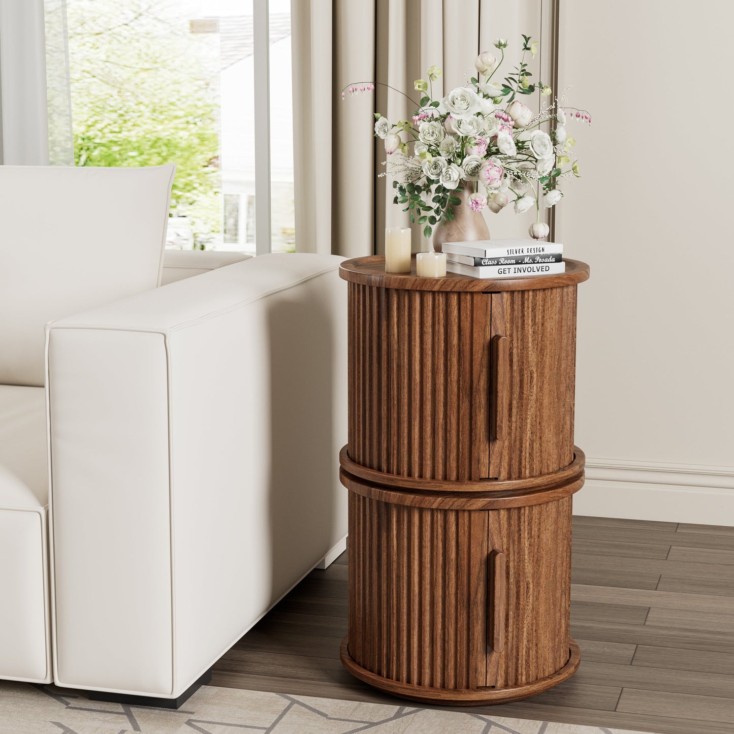4-Piece Round Coffee Table Set with Sliding Door Storage