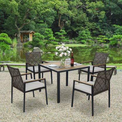 5 Piece Patio Dining Table Set, Acacia Wood Table Top With Umbrella Hole