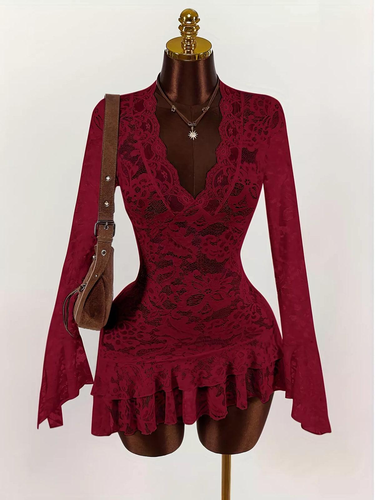 Lace V-Neck Long Sleeve Ruffled Blouse/Dress