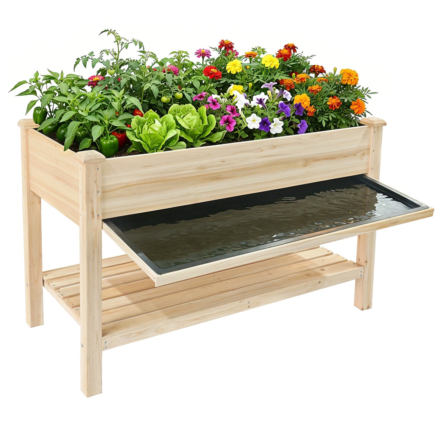Raised Garden Bed with Water Collection Tray and Storage Shelf