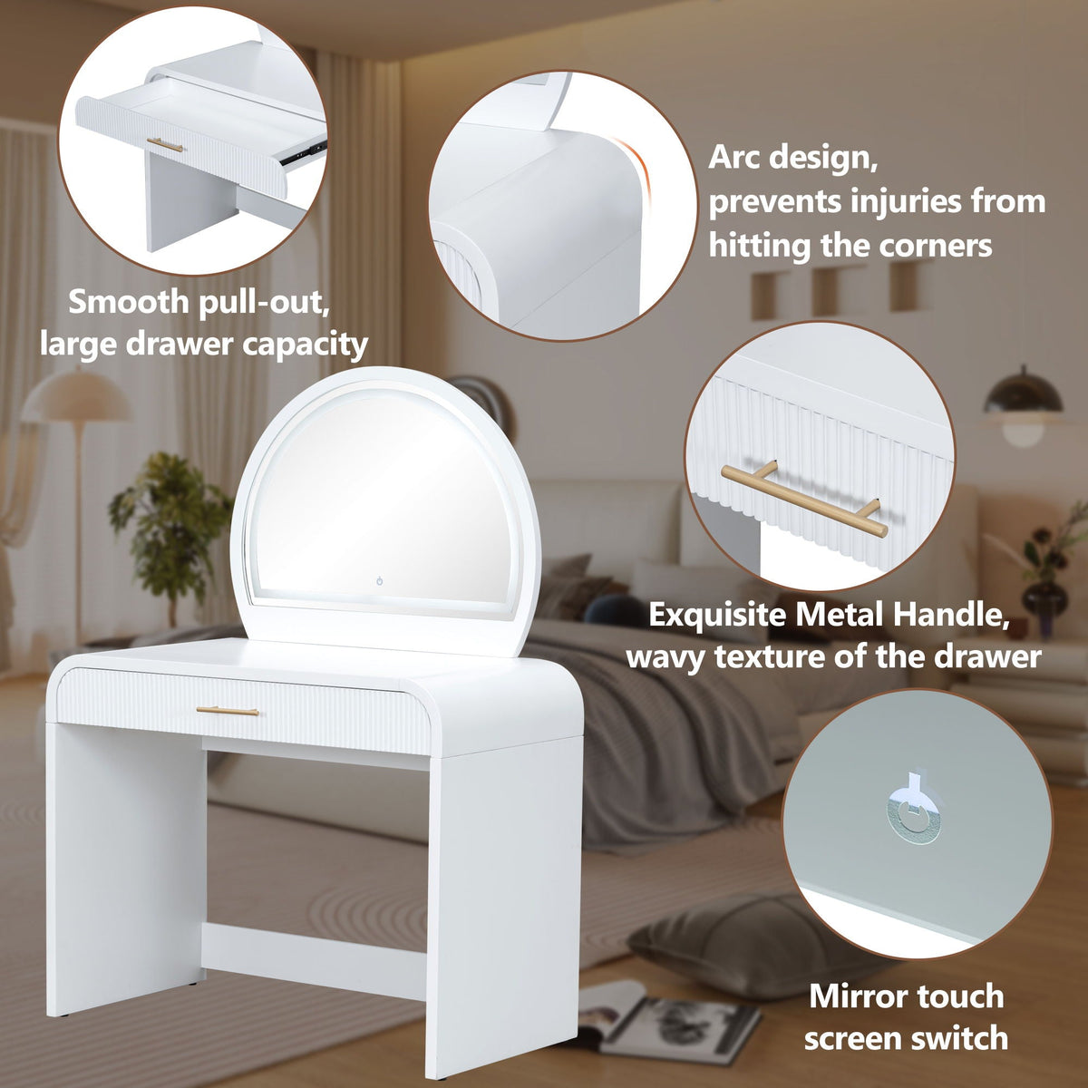 Makeup Vanity Table With Mirror Touch Screen Lighted Mirror, Dressing Table With Drawer For Bedroom - White
