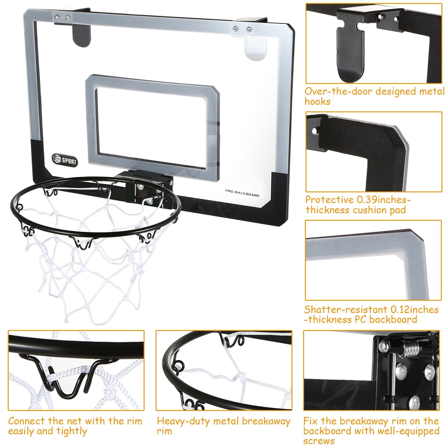 Mini Basketball Hoop System Set Over the Door with Backboard Breakaway Rim Basketball Pump Tools Easy Installation Indoor Kids Adults