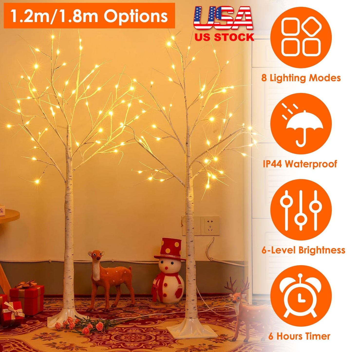 Lighted Birch Tree Artificial White Birch Twig Tree with 8 Warm White Lighting Modes for Wedding Party Christmas Holiday Festival Home Decoration