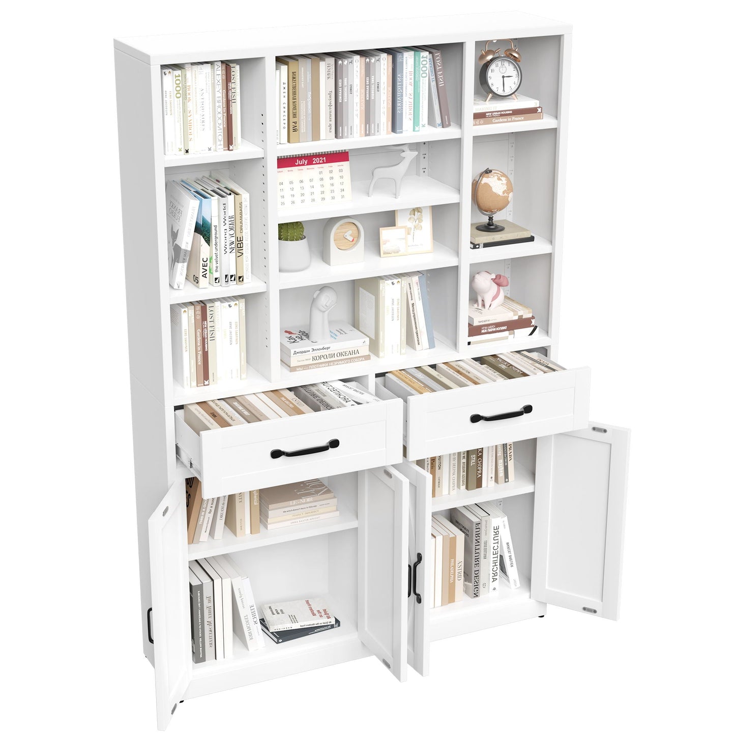 Industrial Bookcase Tall With Adjustable Shelves, Drawers & Doors