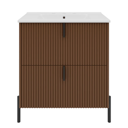 Fluted Bathroom Vanity With Ceramic Sink, Freestanding Design